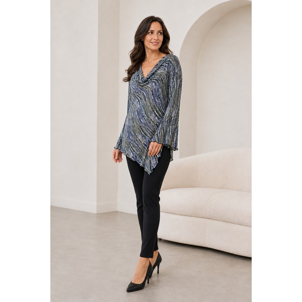 Style & Co Woman 100% Silk Tunic Top Blue Green Abstract Cowl Neck 16W